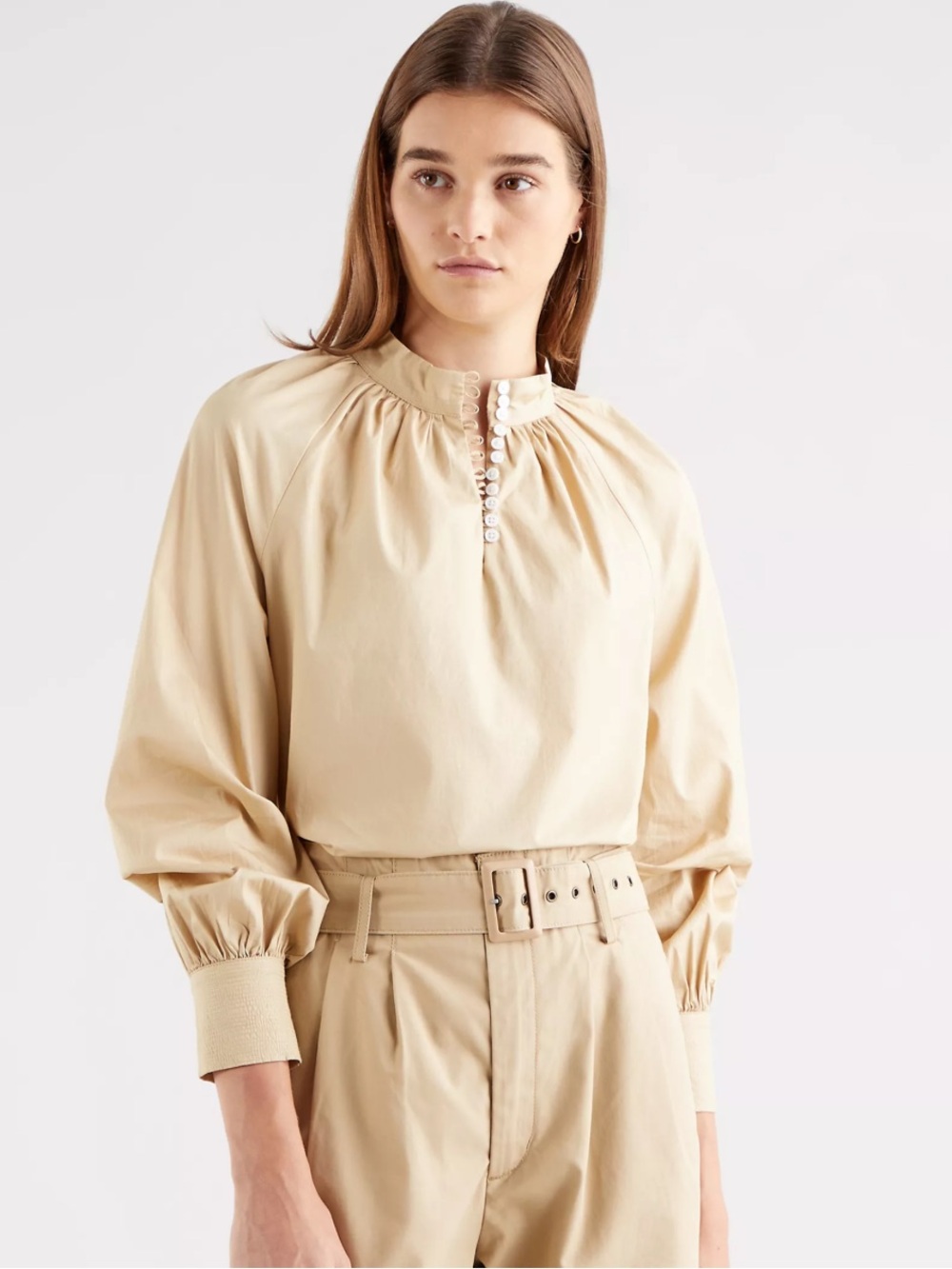 Levi’s Gillian Tan Mock Neck Blouse M retro Victorian oversized neutral beige - Picture 2 of 6